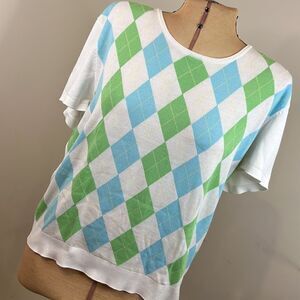 Real Clothes Blue & Green Argyle Short Sleeve Sweater - Size Petite XL